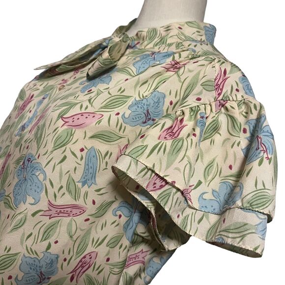 70s 80s Prospectus Cream Floral Print Top Medium Pussybow Ruffle Tiered Sleeves - Picture 2 of 5